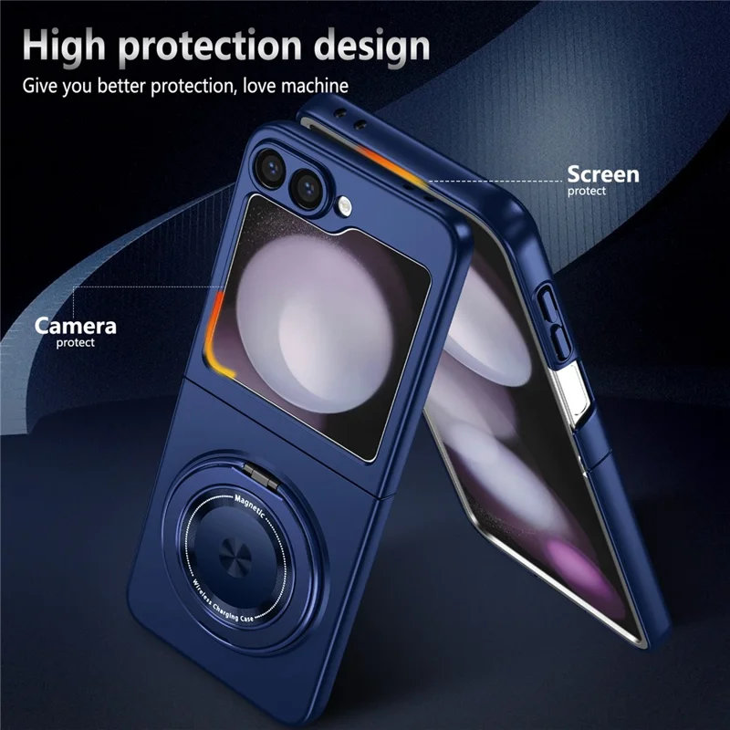 Capa para Samsung Galaxy Z Flip6 5G / Z Flip7 FE 5G com Anel Magnético Rotativo e Suporte, em Plástico PC - Azul