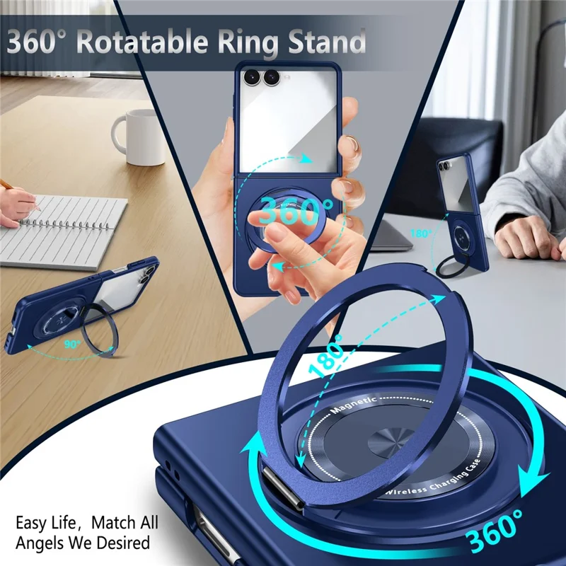For Samsung Galaxy Z Flip8 Case Magnetic Rotatable Ring Kickstand PC Folding Phone Cover - Blue