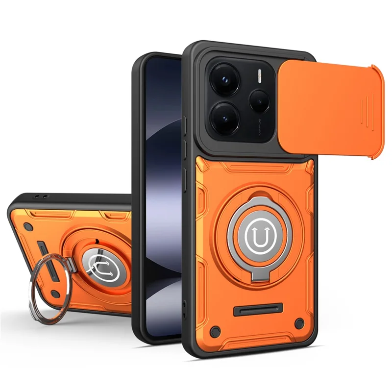 For Xiaomi Redmi Note 14 5G Case with Slide Camera Cover Ring Kickstand PC + TPU Phone Shell - Orange