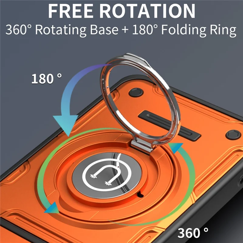 For Xiaomi Redmi Note 14 5G Case with Slide Camera Cover Ring Kickstand PC + TPU Phone Shell - Orange