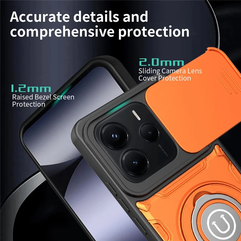 For Xiaomi Redmi Note 14 5G Case with Slide Camera Cover Ring Kickstand PC + TPU Phone Shell - Orange