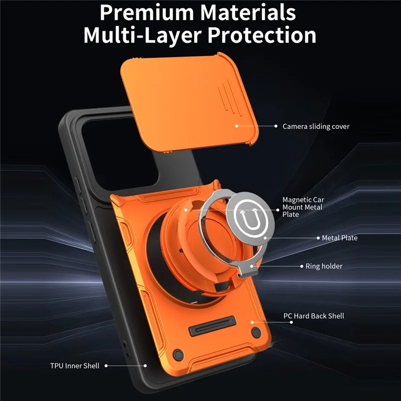 For Xiaomi Redmi Note 14 5G Case with Slide Camera Cover Ring Kickstand PC + TPU Phone Shell - Orange