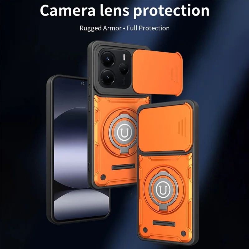 For Xiaomi Redmi Note 14 5G Case with Slide Camera Cover Ring Kickstand PC + TPU Phone Shell - Orange