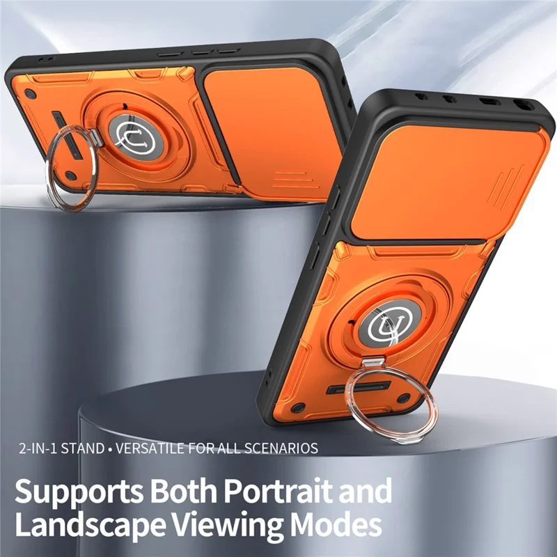 For Xiaomi Redmi Note 14 5G Case with Slide Camera Cover Ring Kickstand PC + TPU Phone Shell - Orange