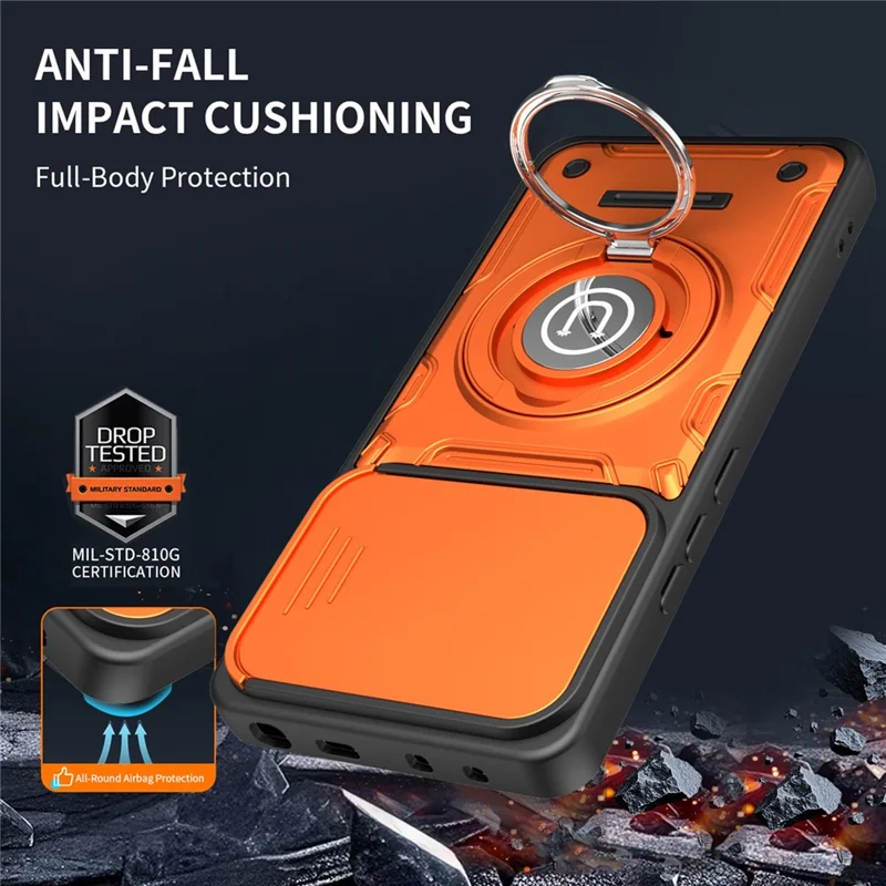 For Xiaomi Redmi Note 14 5G Case with Slide Camera Cover Ring Kickstand PC + TPU Phone Shell - Orange