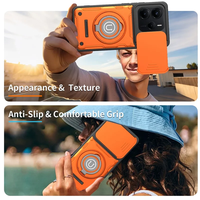 For Xiaomi Redmi Note 14 5G Case with Slide Camera Cover Ring Kickstand PC + TPU Phone Shell - Orange