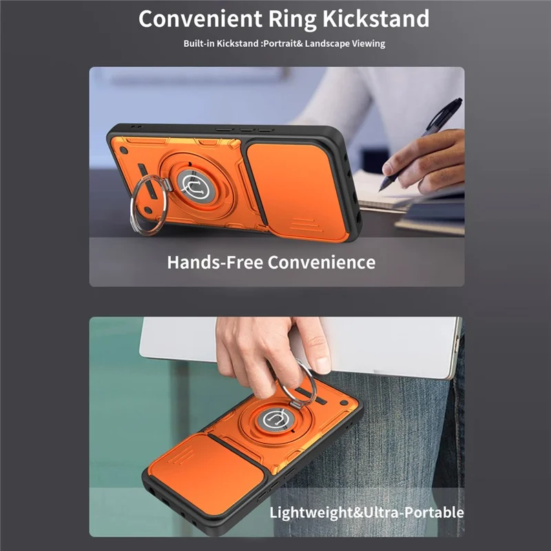 For Xiaomi Redmi Note 14 5G Case with Slide Camera Cover Ring Kickstand PC + TPU Phone Shell - Orange