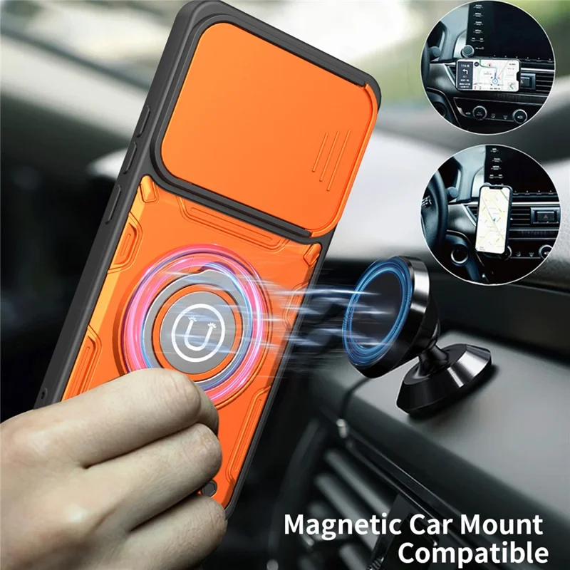 For Xiaomi Redmi Note 14 5G Case with Slide Camera Cover Ring Kickstand PC + TPU Phone Shell - Orange