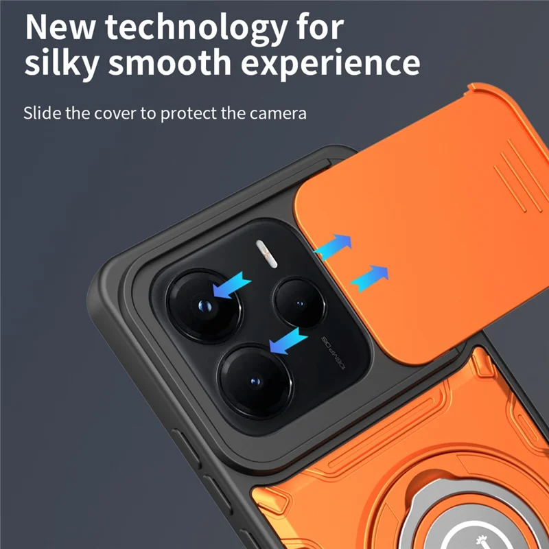 For Xiaomi Redmi Note 14 5G Case with Slide Camera Cover Ring Kickstand PC + TPU Phone Shell - Orange