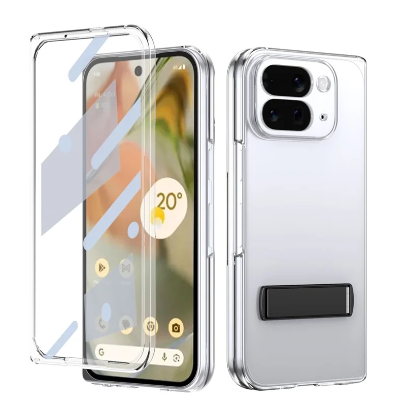 For Google Pixel 10 Pro Fold Case Foldable Kickstand Clear PC Phone Cover with High Aluminium-silicon Glass Film - Black
