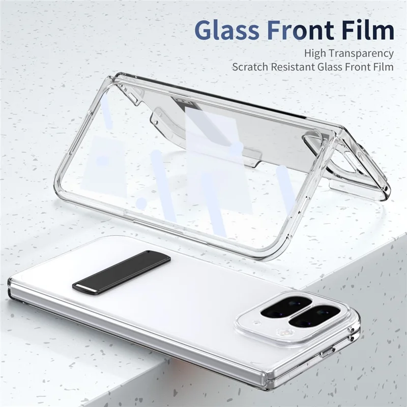 For Google Pixel 10 Pro Fold Case Foldable Kickstand Clear PC Phone Cover with High Aluminium-silicon Glass Film - Black
