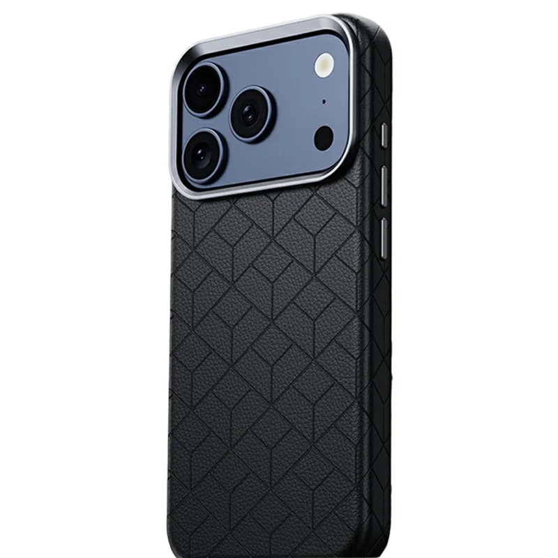 Funda magnética para iPhone 17 Pro Max con patrón geométrico impreso, carcasa de cuero recubierta de PC + TPU - Negro