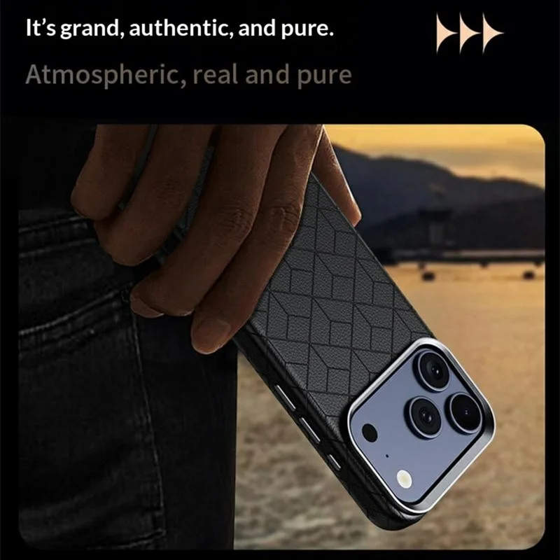 Funda magnética para iPhone 17 Pro Max con patrón geométrico impreso, carcasa de cuero recubierta de PC + TPU - Negro