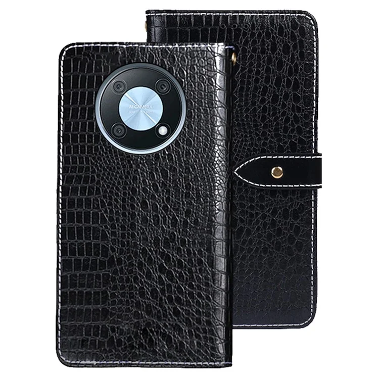 IDEWEI Magnetic Protective Flip Cover for Huawei nova Y90 4G, Crocodile Texture PU Leather Wallet Stand Function Phone Case - Black