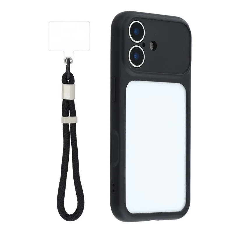 Coque pour iPhone 16 avec grande fenêtre transparente, housse en caoutchouc TPU + PC avec dragonne - Noir