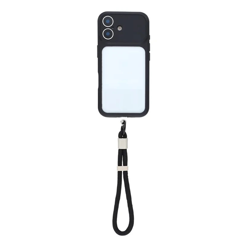 Coque pour iPhone 16 avec grande fenêtre transparente, housse en caoutchouc TPU + PC avec dragonne - Noir