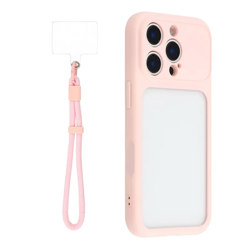 Voor iPhone 16 Pro hoesje groot venster TPU + PC rubberachtige telefoonhoes met polsbandje - Roze