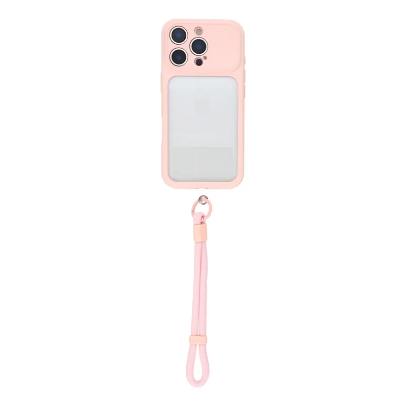 Voor iPhone 16 Pro hoesje groot venster TPU + PC rubberachtige telefoonhoes met polsbandje - Roze