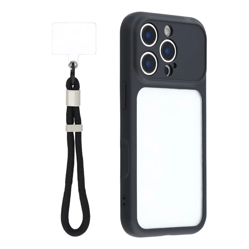 Coque pour iPhone 16 Pro Max avec grande fenêtre transparente, housse en TPU + PC avec dragonne - Noir