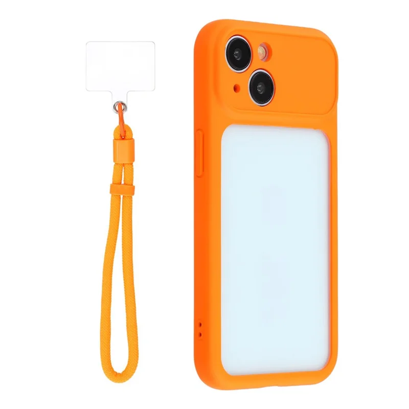 Telefoonhoesje voor iPhone 15 met groot raam, TPU + PC, rubberachtig hoesje met polsband - Oranje