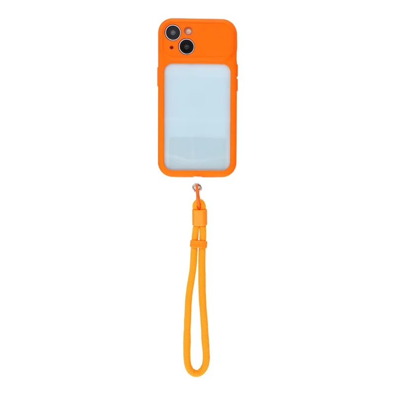 Telefoonhoesje voor iPhone 15 met groot raam, TPU + PC, rubberachtig hoesje met polsband - Oranje