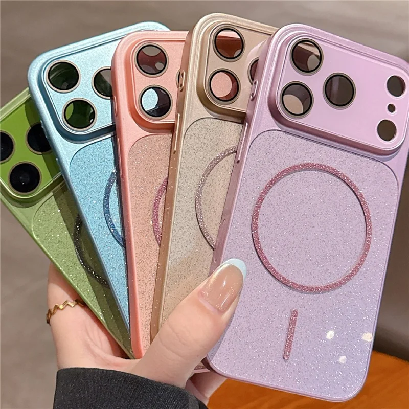 For iPhone 17 Pro Max Magnetic Case Glitter PU Leather Coated PC + TPU Shockproof Protective Cover - Orange