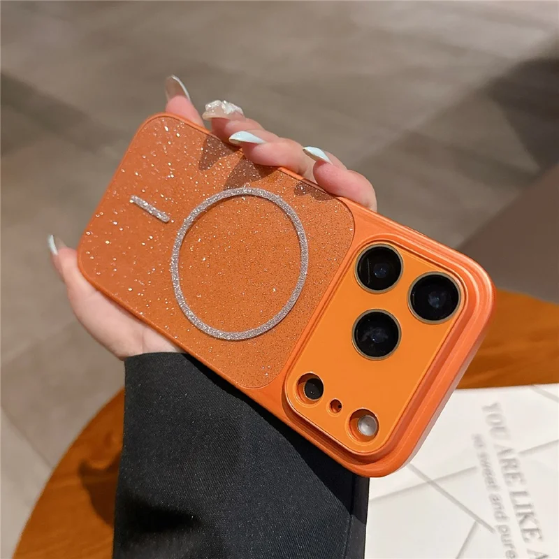 For iPhone 17 Pro Magnetic Case Glitter PU Leather Coated PC + TPU Shockproof Protective Cover - Orange
