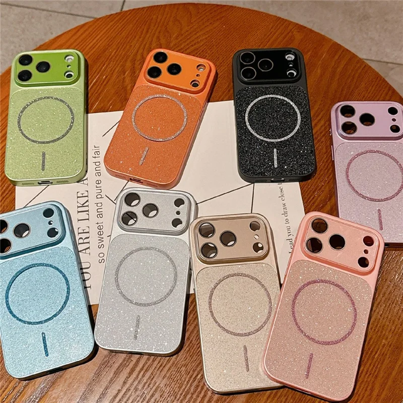 For iPhone 17 Pro Magnetic Case Glitter PU Leather Coated PC + TPU Shockproof Protective Cover - Orange