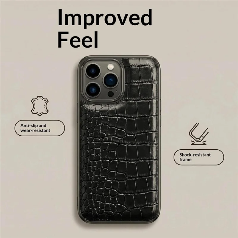 Voor iPhone 17 Pro hoes electroplated krokodillenstructuur stootvaste lederen achterkant - Zwart