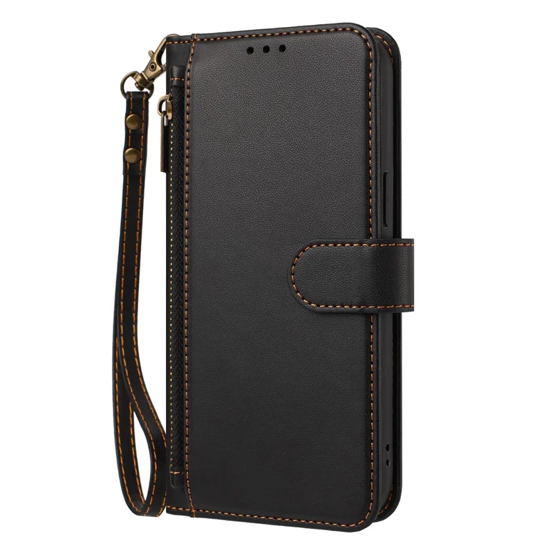 For iPhone 18 Pro Max / 17 Pro Max Case 4 Card Slots Wallet Stand PU Leather Phone Cover with Wrist Strap - Black