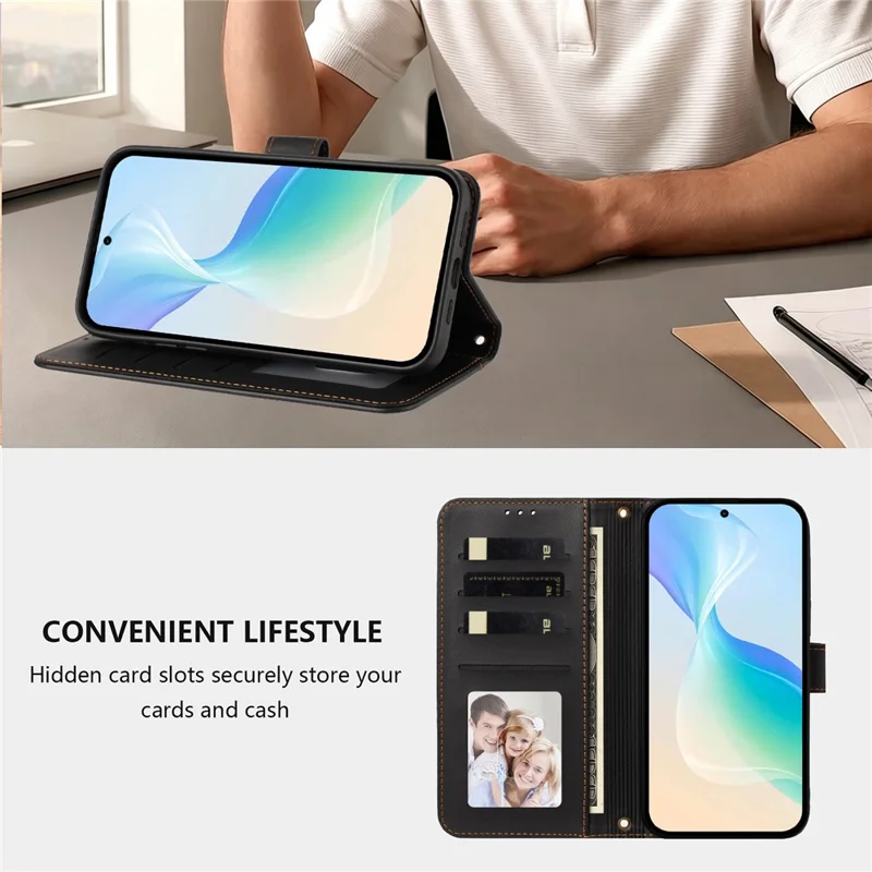 For iPhone 18 Pro Max / 17 Pro Max Case 4 Card Slots Wallet Stand PU Leather Phone Cover with Wrist Strap - Black