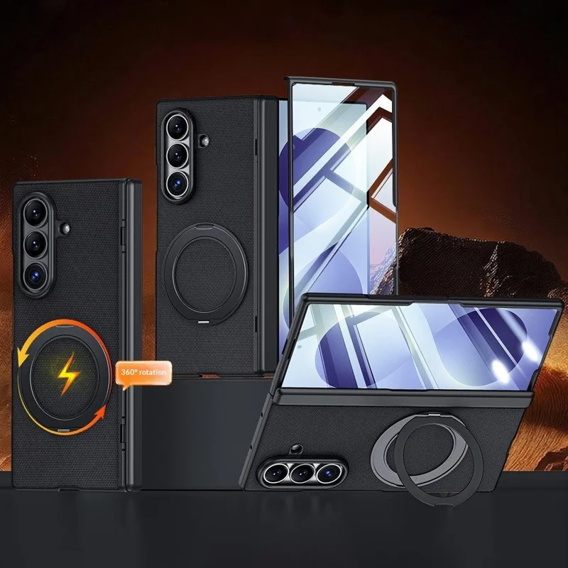 For Samsung Galaxy Z Fold8 Ultra Case with HD Screen Protector Magnetic Rotating Kickstand Tech Fabric + PC Phone Cover - Black