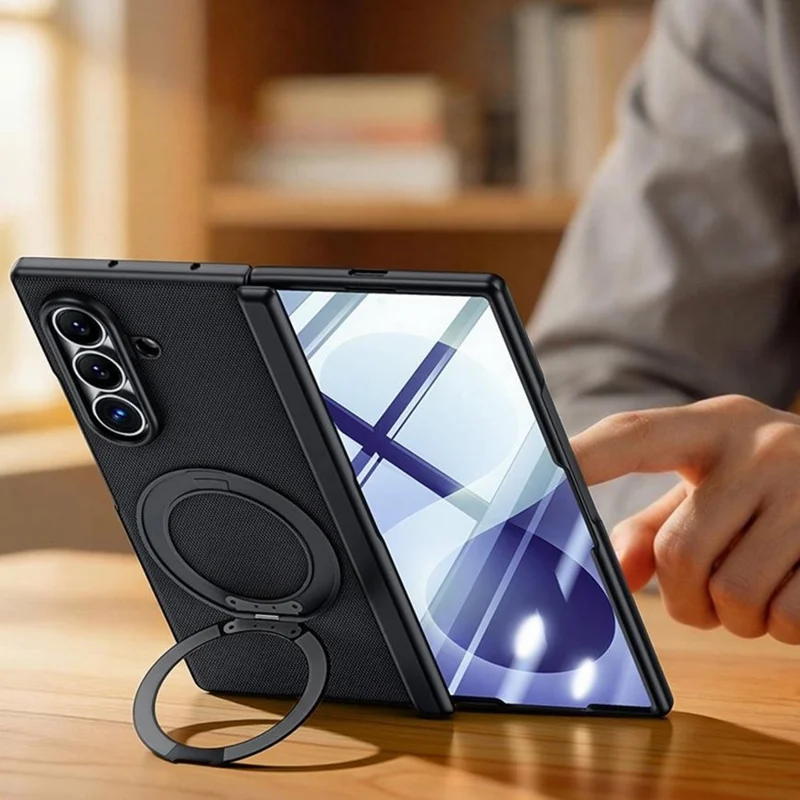 For Samsung Galaxy Z Fold8 Ultra Case with HD Screen Protector Magnetic Rotating Kickstand Tech Fabric + PC Phone Cover - Black