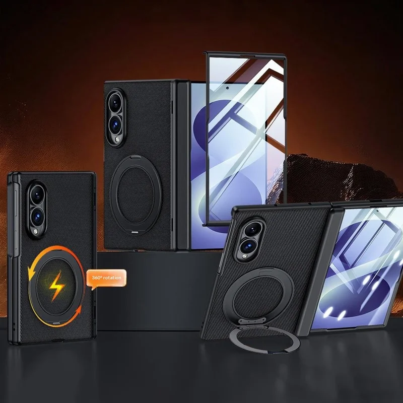 For Samsung Galaxy Z Fold8 Case with HD Screen Protector Magnetic Rotating Kickstand Tech Fabric + PC Phone Cover - Black