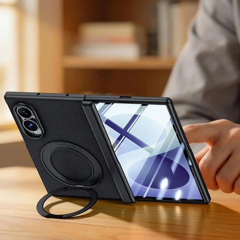 For Samsung Galaxy Z Fold8 Case with HD Screen Protector Magnetic Rotating Kickstand Tech Fabric + PC Phone Cover - Black