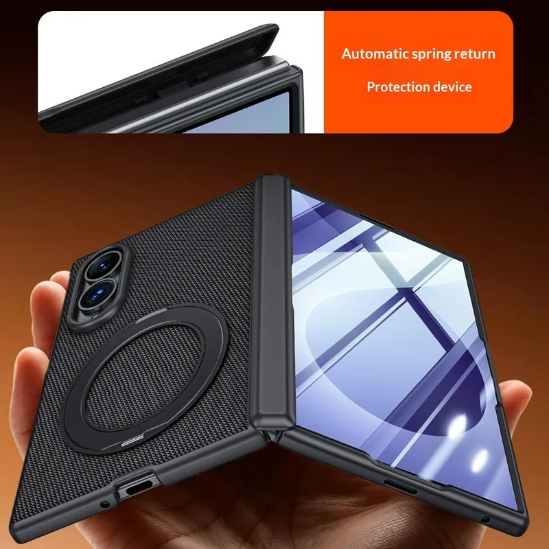 For Samsung Galaxy Z Fold8 Case with HD Screen Protector Magnetic Rotating Kickstand Tech Fabric + PC Phone Cover - Black