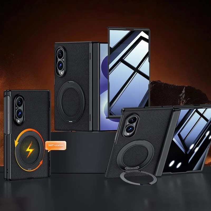 For Samsung Galaxy Z Fold8 Case with Anti-Spy Screen Protector Magnetic Rotating Kickstand Tech Fabric + PC Phone Cover - Black