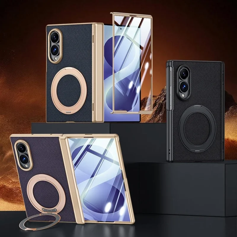 For Samsung Galaxy Z Fold8 Case with Anti-Spy Screen Protector Magnetic Rotating Kickstand Tech Fabric + PC Phone Cover - Black