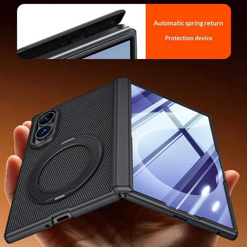 For Samsung Galaxy Z Fold8 Case with Anti-Spy Screen Protector Magnetic Rotating Kickstand Tech Fabric + PC Phone Cover - Black