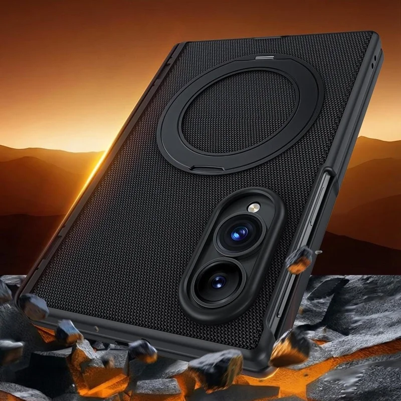For Samsung Galaxy Z Fold8 Case with Anti-Spy Screen Protector Magnetic Rotating Kickstand Tech Fabric + PC Phone Cover - Black