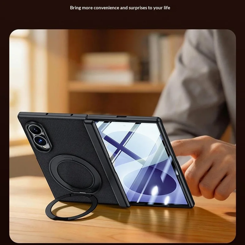 For Samsung Galaxy Z Fold8 Case with Anti-Spy Screen Protector Magnetic Rotating Kickstand Tech Fabric + PC Phone Cover - Black
