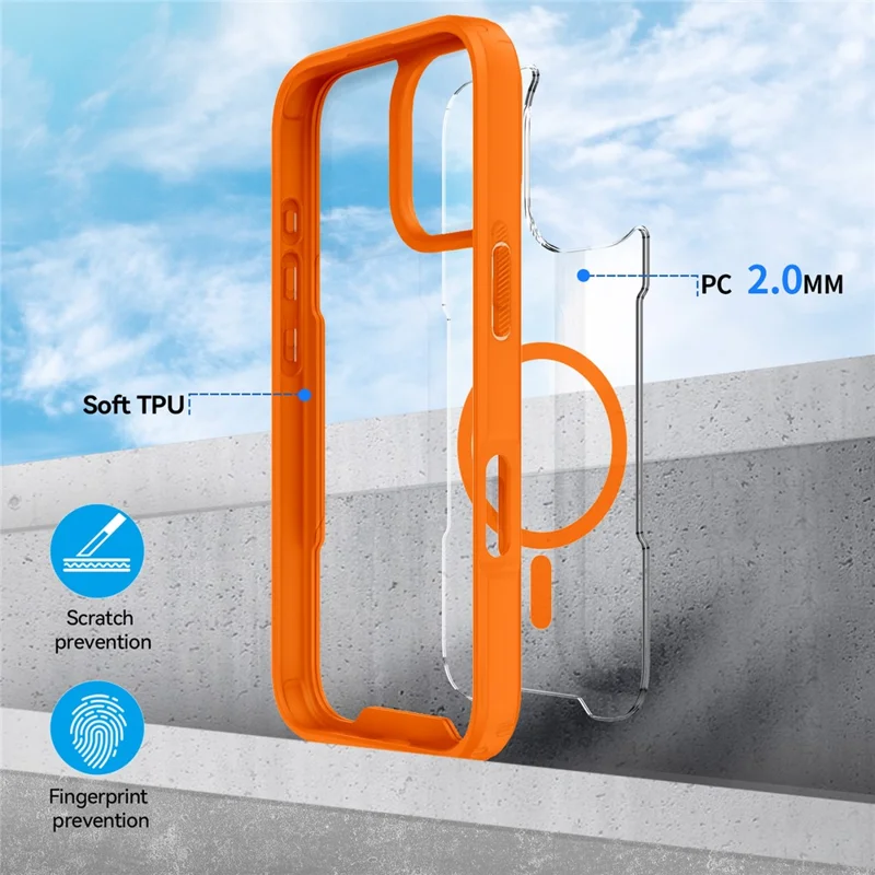 For iPhone 17 Magnetic Case TPU Frame Clear PC Back Anti-drop Phone Cover - Orange