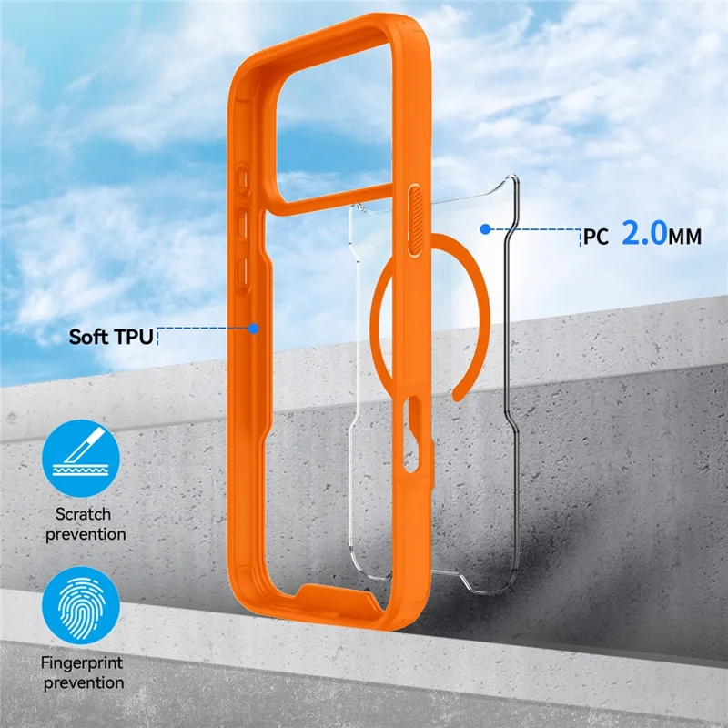 Voor iPhone 17 Pro / 18 Pro Magnetische Hoes TPU Frame Transparant PC Achterkant Anti-val Telefoonhoes - Oranje