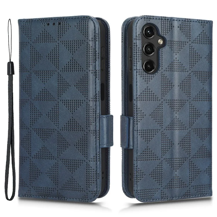 Imprinted Triangle Pattern Phone Cover For Samsung Galaxy A14 5G / A14 4G PU Leather Wallet Stand Shockproof Smartphone Case with Hand Strap - Blue