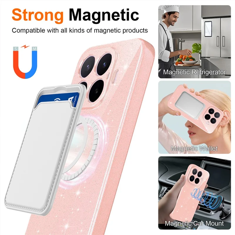 For Xiaomi 17T Magnetic Case Glitter TPU Shockproof Phone Cover with Lanyard - Pink