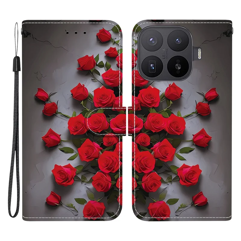 For Xiaomi 17T Leather Case Stand Wallet Pattern Printing Phone Cover with Wrist Strap - Red Rose