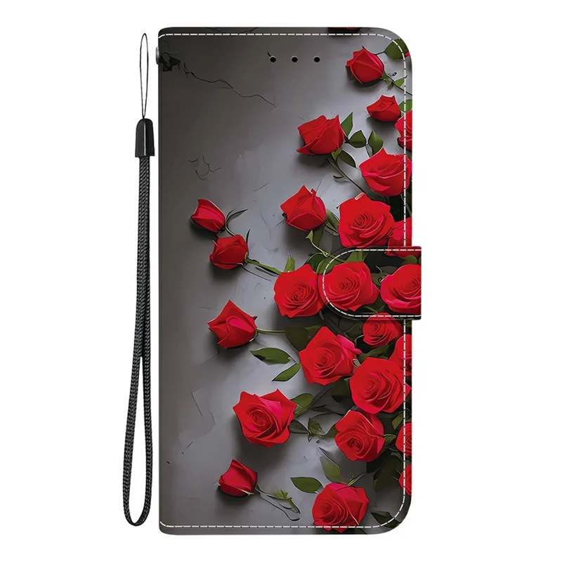 For Xiaomi 17T Leather Case Stand Wallet Pattern Printing Phone Cover with Wrist Strap - Red Rose