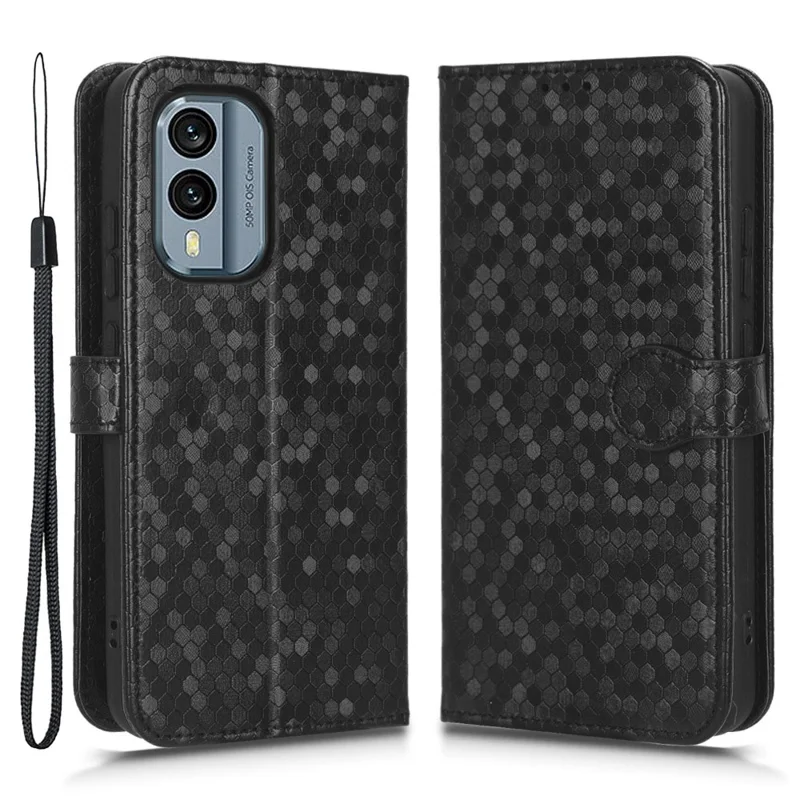 For Nokia X30 5G PU Leather Phone Case Dot Pattern Imprinted Wallet Stand Anti-scratch Cell Phone Cover with Strap - Black