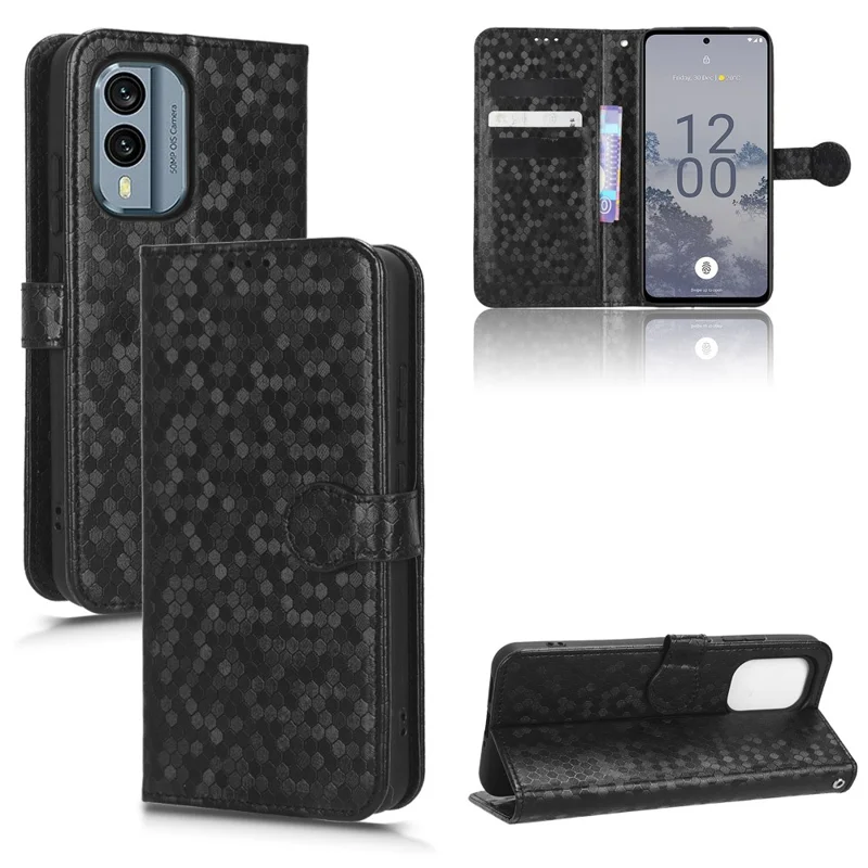For Nokia X30 5G PU Leather Phone Case Dot Pattern Imprinted Wallet Stand Anti-scratch Cell Phone Cover with Strap - Black