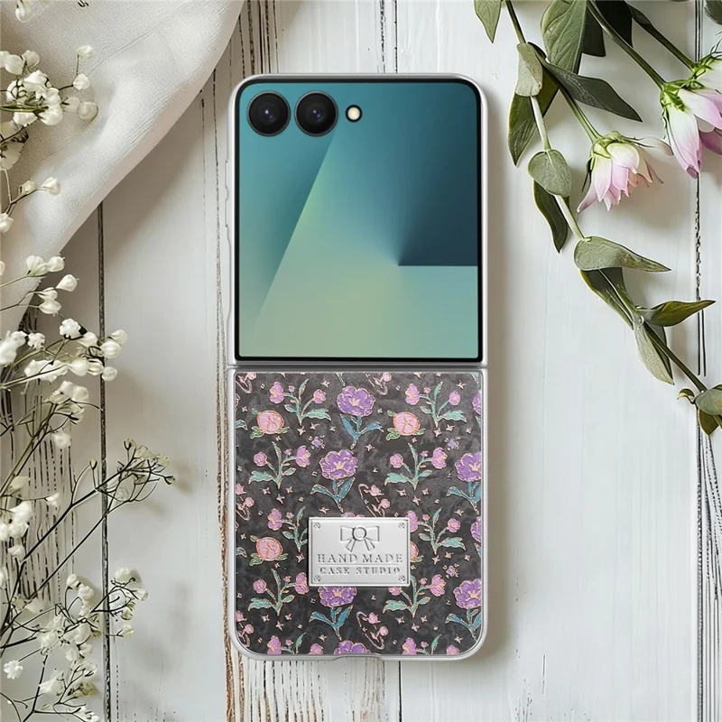 For Samsung Galaxy Z Flip7 5G Case Electroplating Floral Pattern PU Leather + Hard PC Phone Cover - Black
